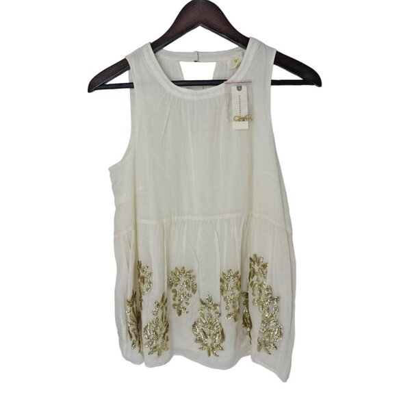 NWT Maeve Anthropologie Sequin Beaded Linen Ivory/Gold Sleevless‎ Top XS $128.00 - Picture 1 of 6